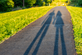 Shadows being cast on a rubber paved path