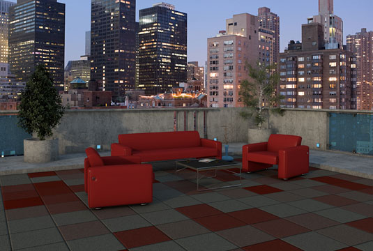 A rooftop lounge area using Decktop tiles