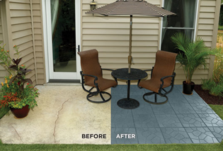 A comparison of a patio before and after installing Rubberfific Pavers